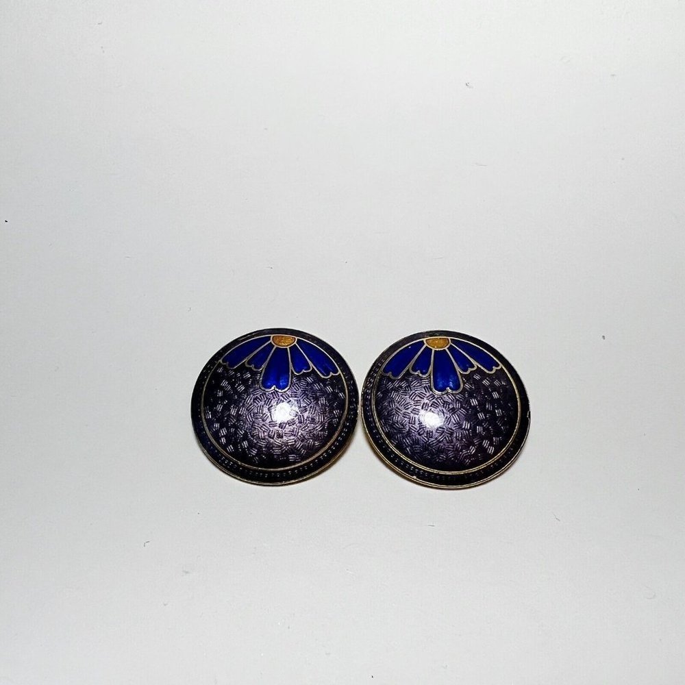 Vintage Mona So Good Purple Blue Floral Design Round Clip On Earrings